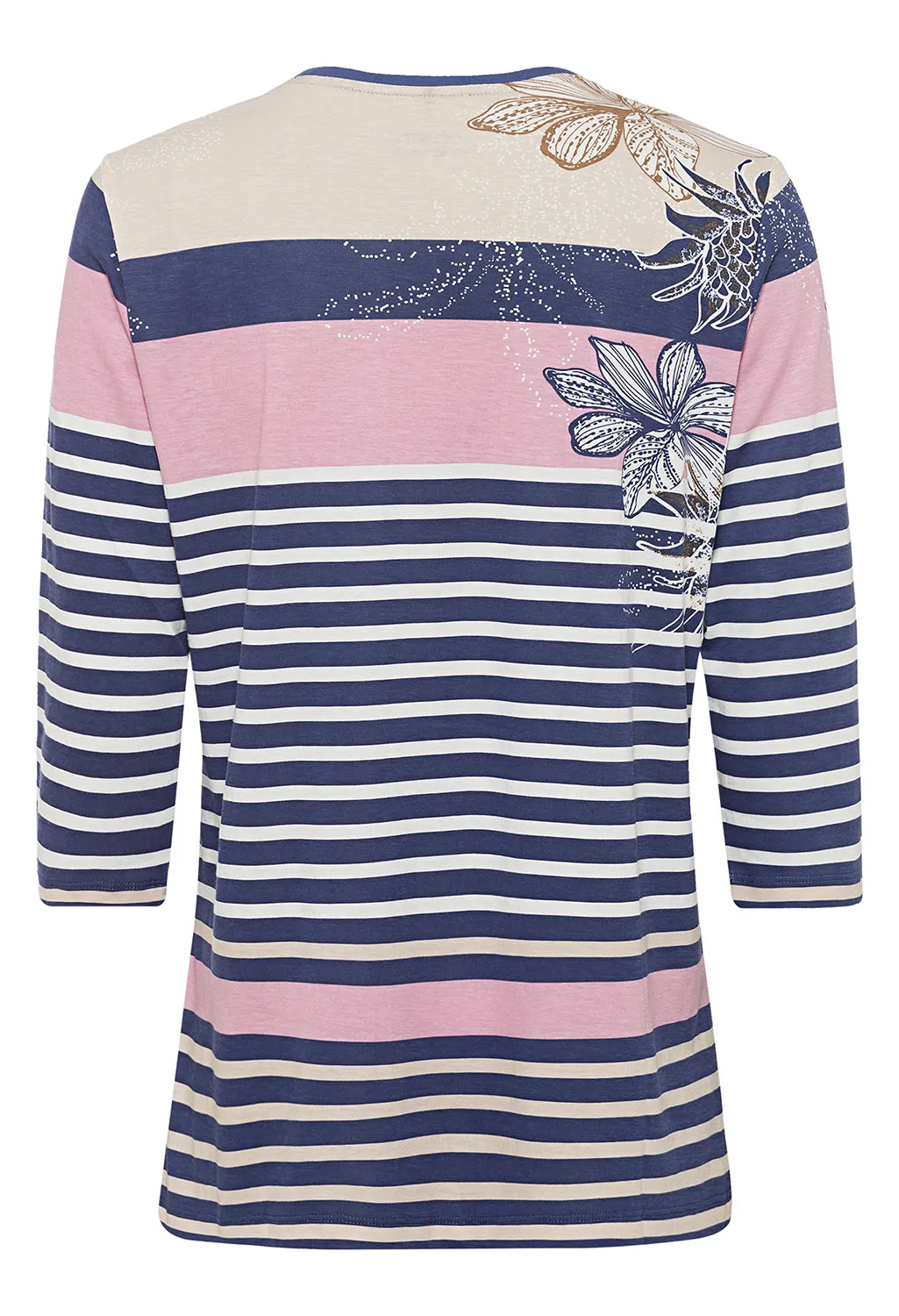 3/4 Sleeve Round Neck Floral and Stripe T-Shirt