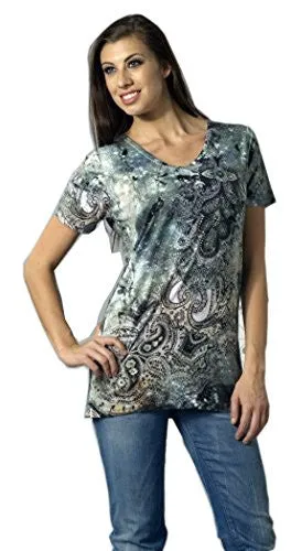 Bacci Clothing - Zena, Rhinestones, Sublimation, Short Sleeve Crew Neck Top