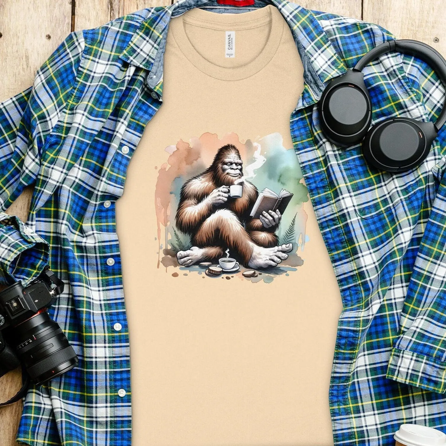 Bigfoot Reading Book Sweatshirt, Cozy Sasquatch Tea Time Tee, Unique Cryptid Lovers Gift, Nature Inspired Graphic Shirt, Coffee Lover Shirt