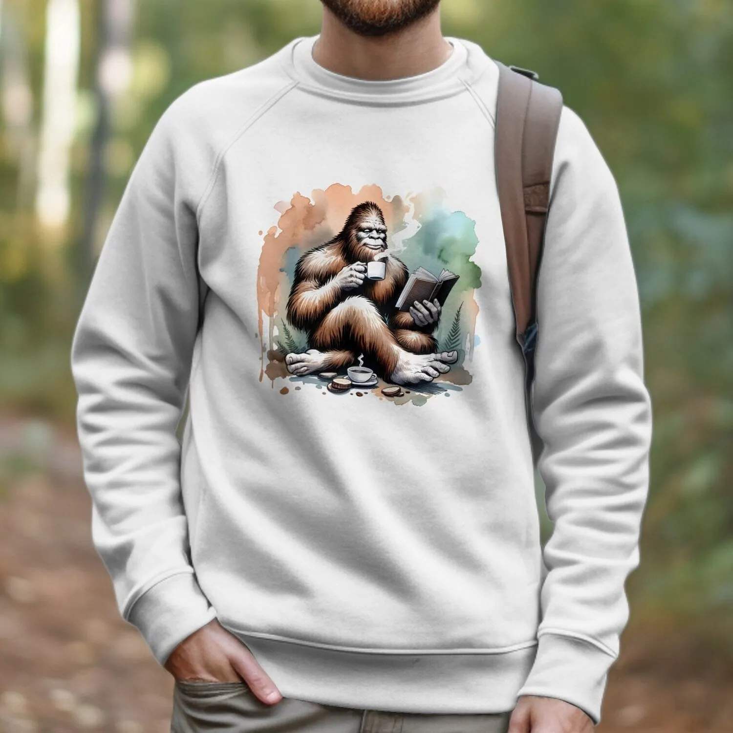 Bigfoot Reading Book Sweatshirt, Cozy Sasquatch Tea Time Tee, Unique Cryptid Lovers Gift, Nature Inspired Graphic Shirt, Coffee Lover Shirt