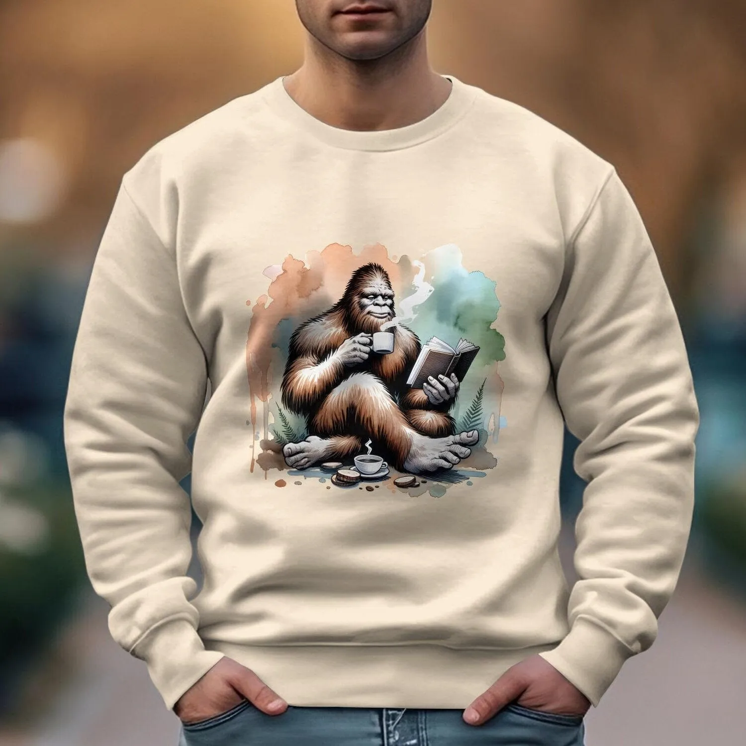 Bigfoot Reading Book Sweatshirt, Cozy Sasquatch Tea Time Tee, Unique Cryptid Lovers Gift, Nature Inspired Graphic Shirt, Coffee Lover Shirt