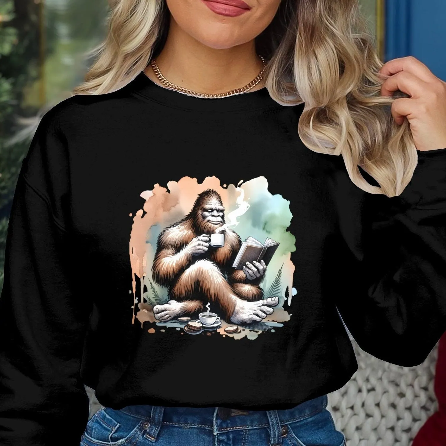 Bigfoot Reading Book Sweatshirt, Cozy Sasquatch Tea Time Tee, Unique Cryptid Lovers Gift, Nature Inspired Graphic Shirt, Coffee Lover Shirt