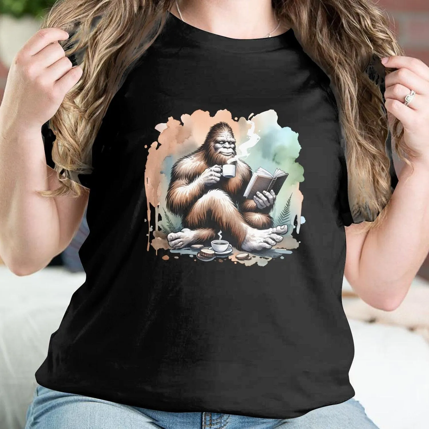 Bigfoot Reading Book Sweatshirt, Cozy Sasquatch Tea Time Tee, Unique Cryptid Lovers Gift, Nature Inspired Graphic Shirt, Coffee Lover Shirt