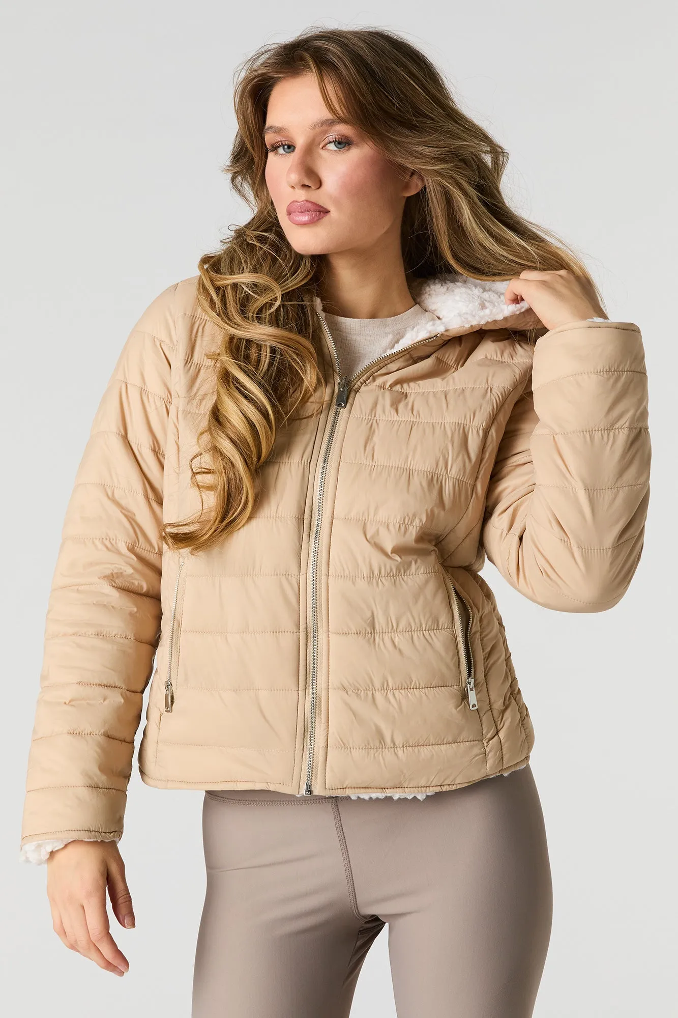 Blouson bouffant réversible en nylon et Sherpa