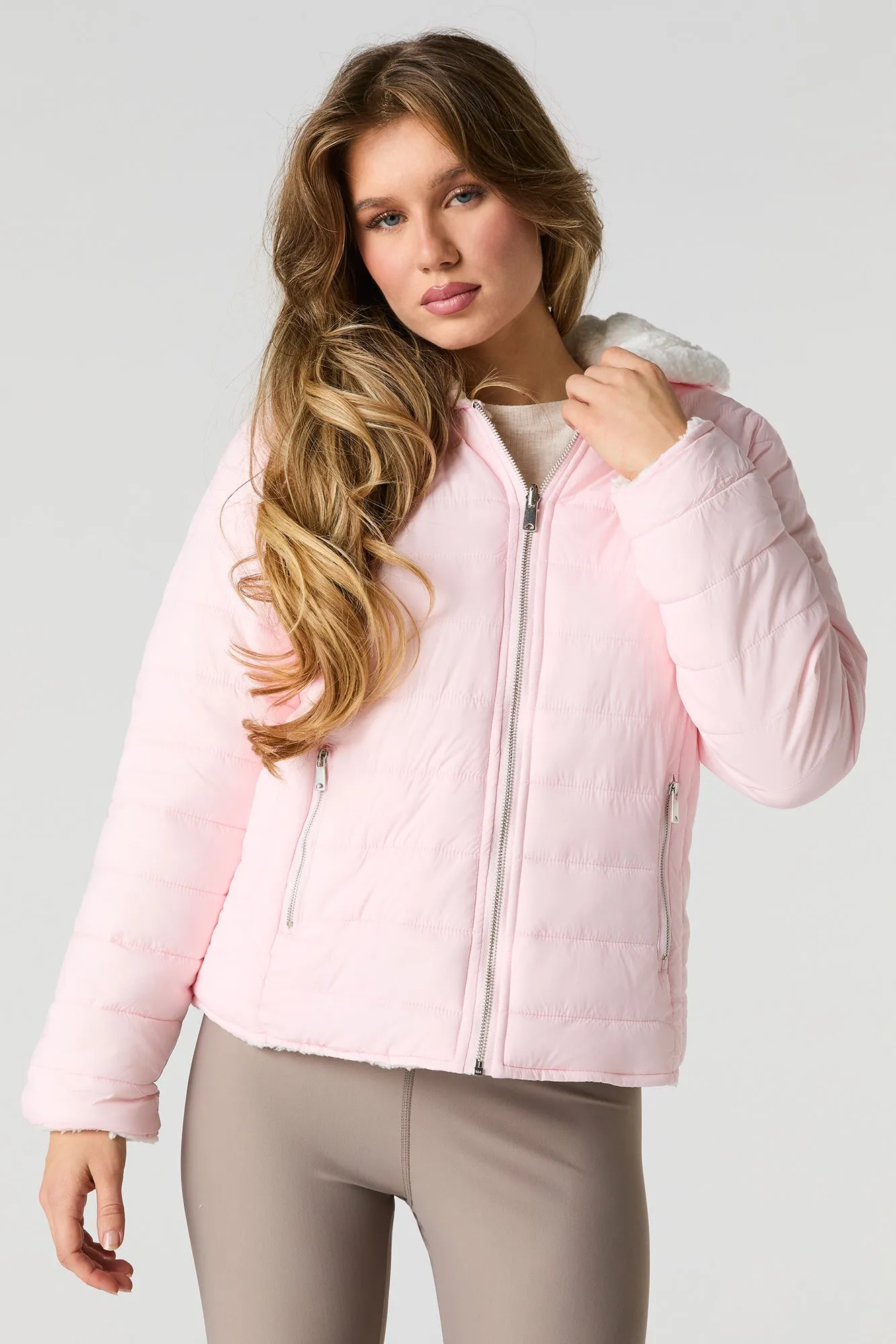 Blouson bouffant réversible en nylon et Sherpa