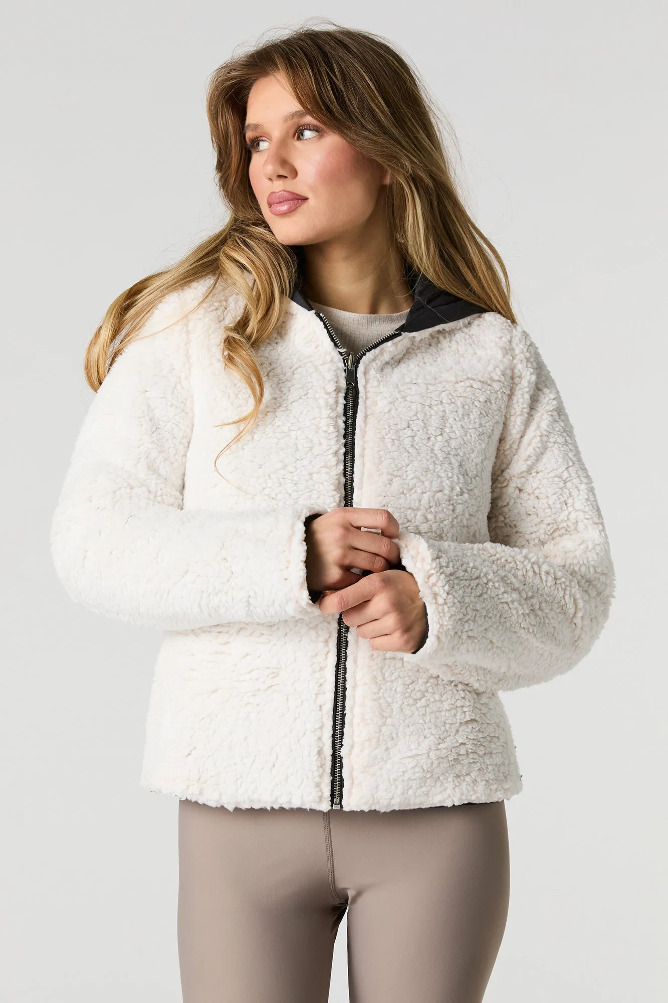 Blouson bouffant réversible en nylon et Sherpa