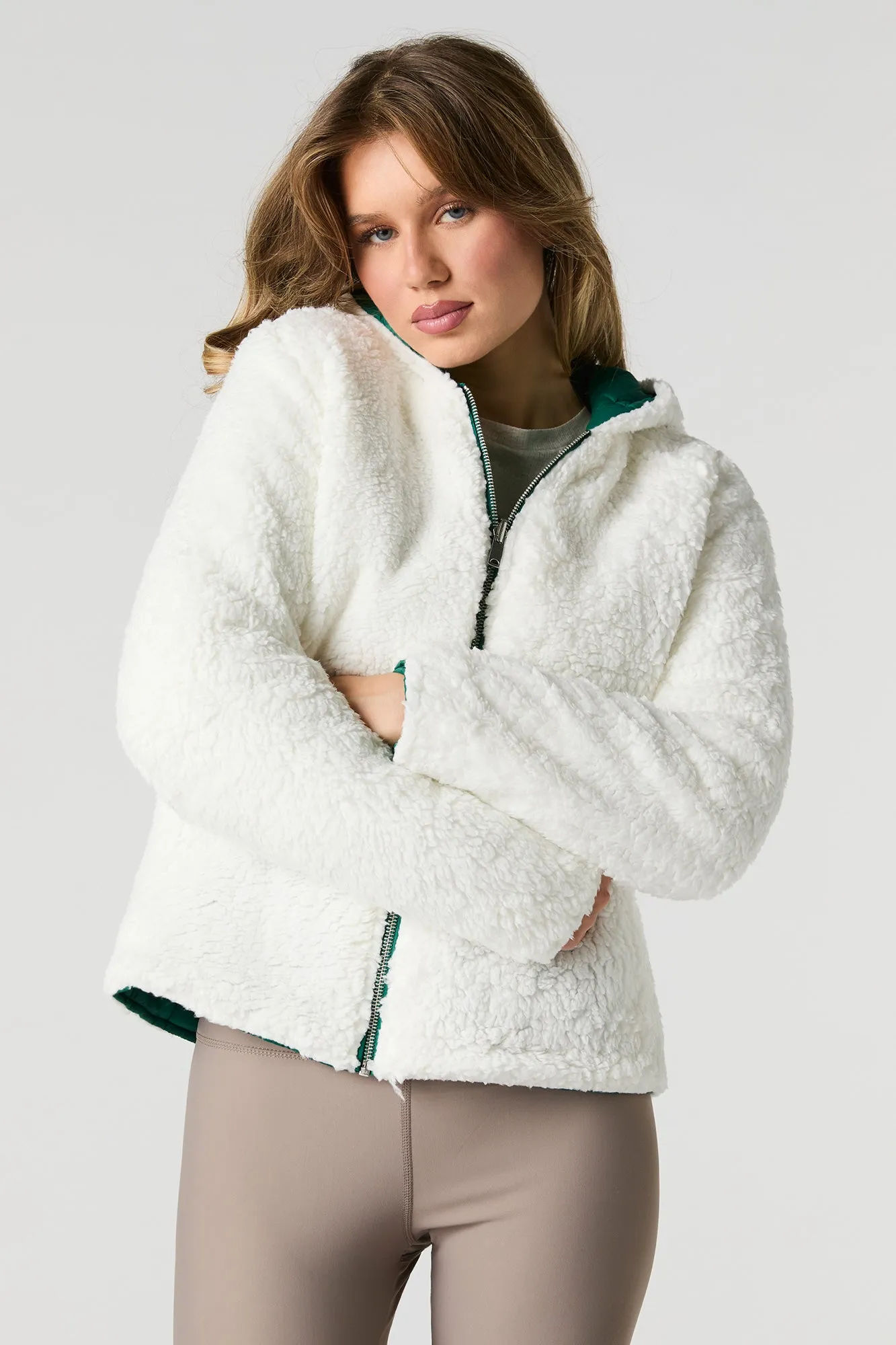 Blouson bouffant réversible en nylon et Sherpa