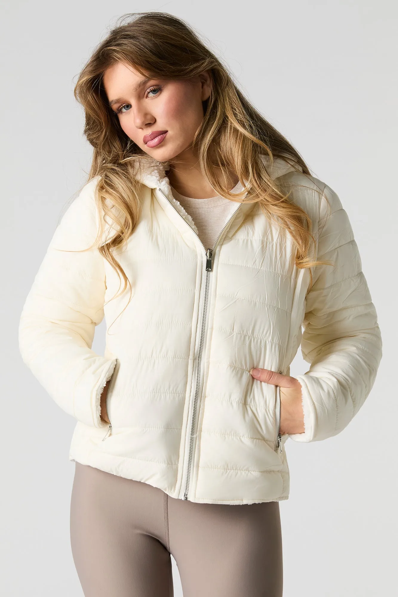 Blouson bouffant réversible en nylon et Sherpa