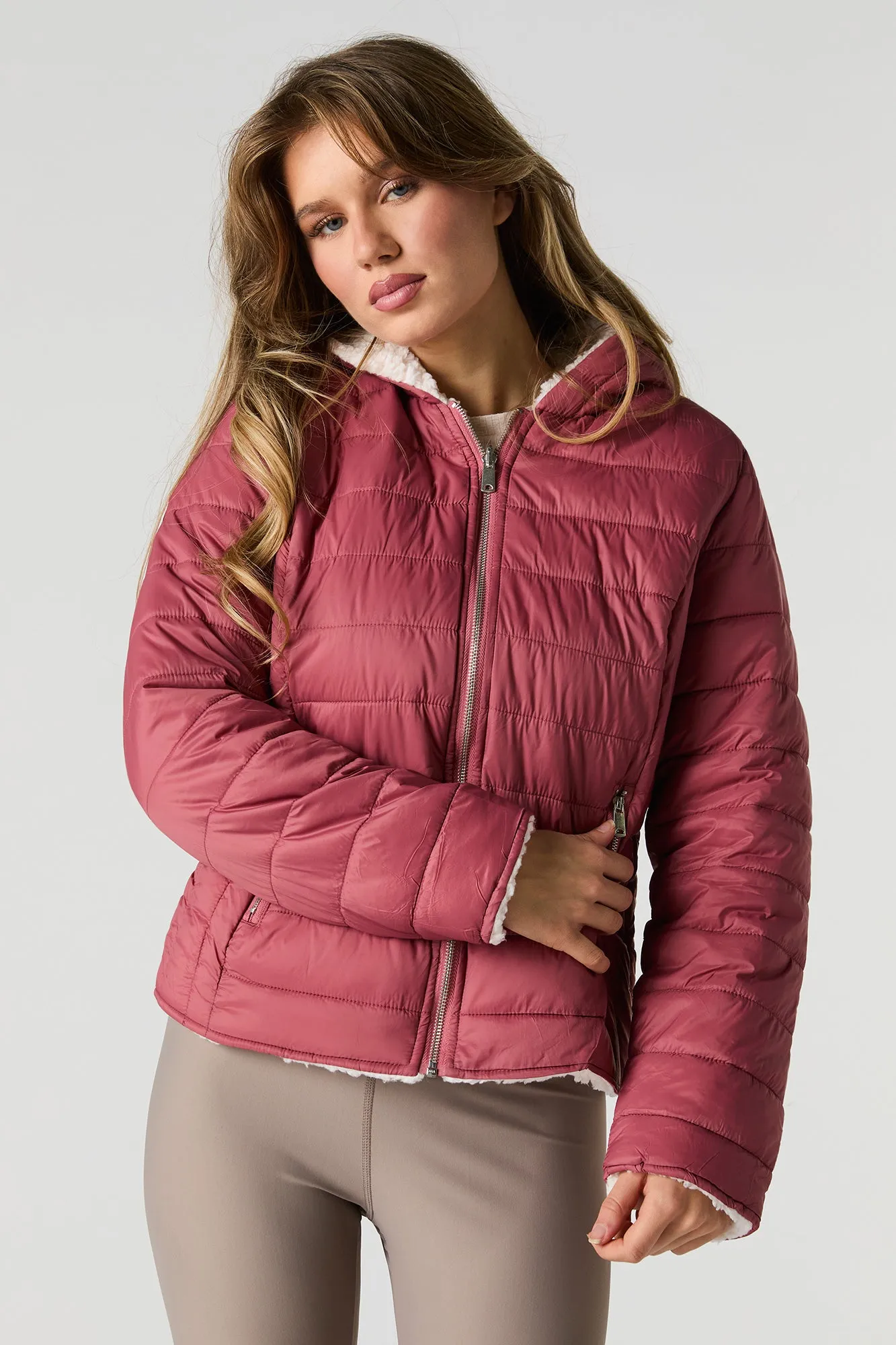 Blouson bouffant réversible en nylon et Sherpa