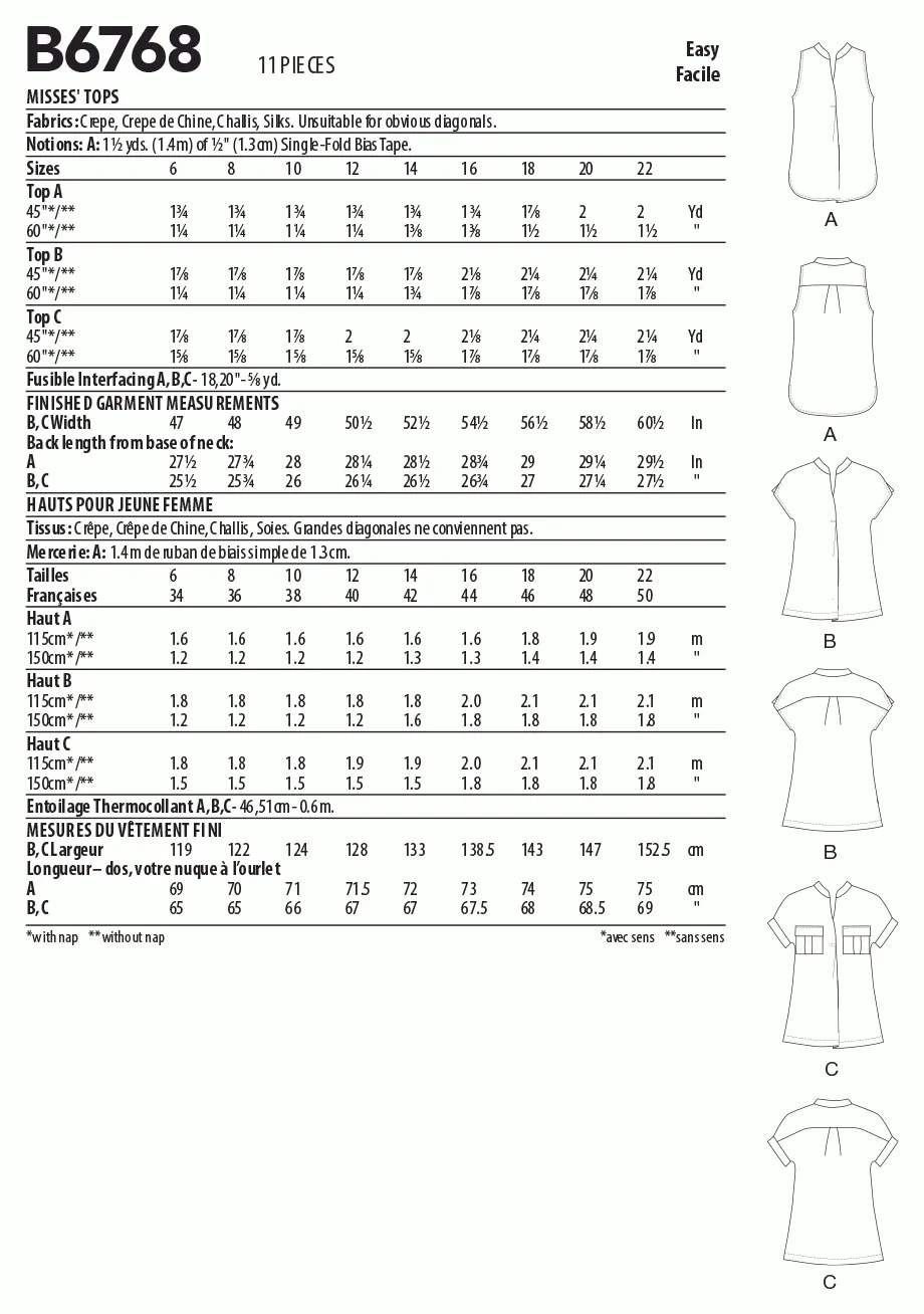 Butterick Pattern B6768 Misses' Tops