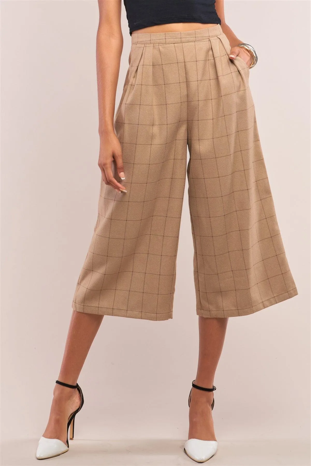 Camel Plaid Checkered Pleated Wide Leg Pants /1-1-3