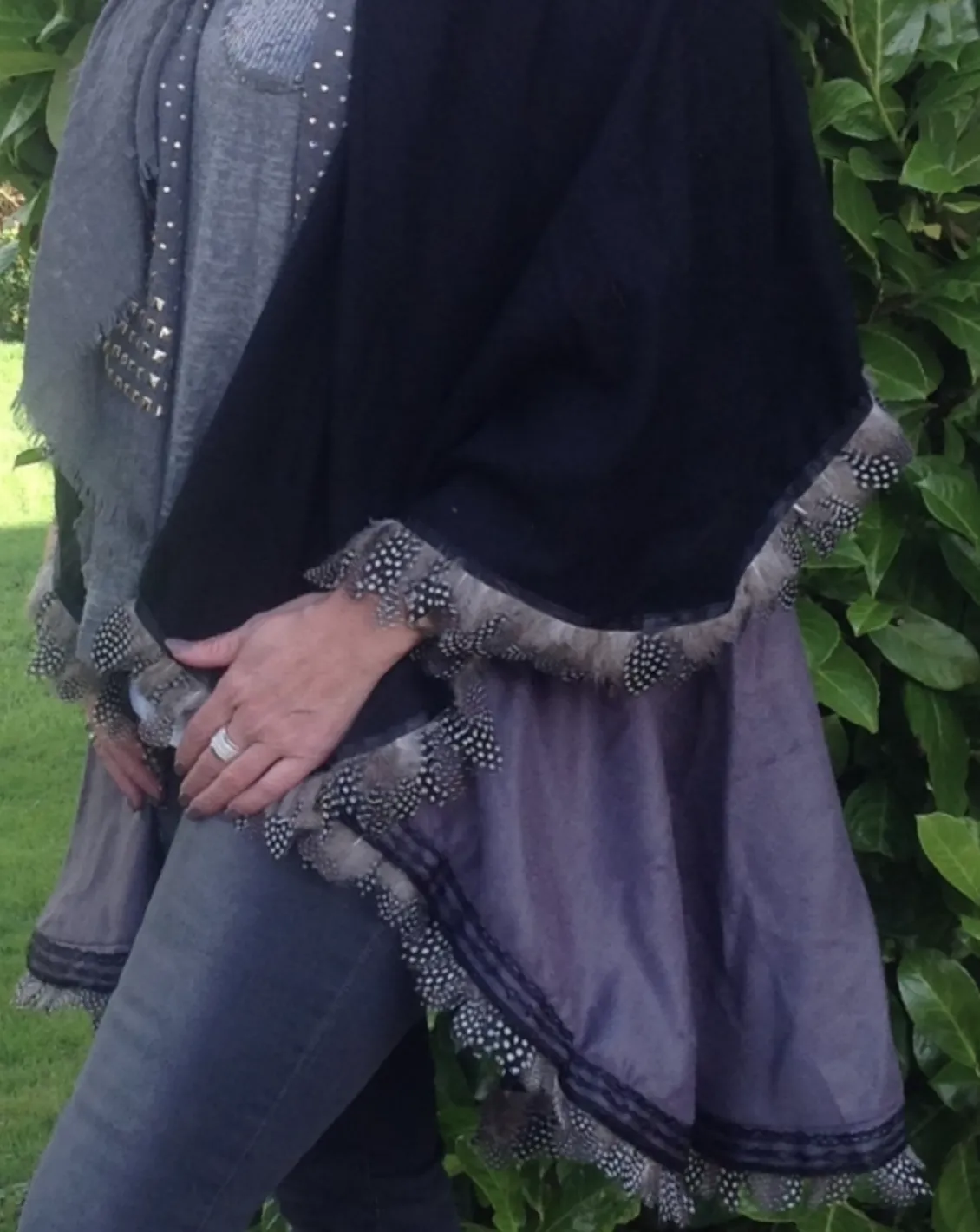 Cashmere Reversible Wrap with Feather Trim in Grey & Black