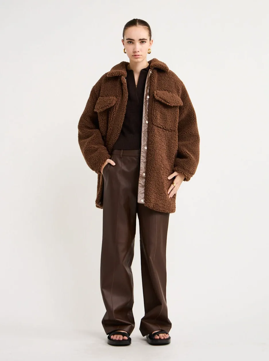 Ena Pelly Carla Teddy Faux Fur Shacket in Tabacco