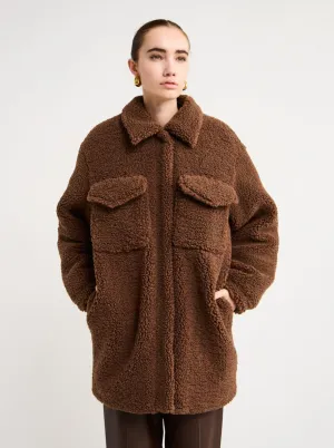 Ena Pelly Carla Teddy Faux Fur Shacket in Tabacco