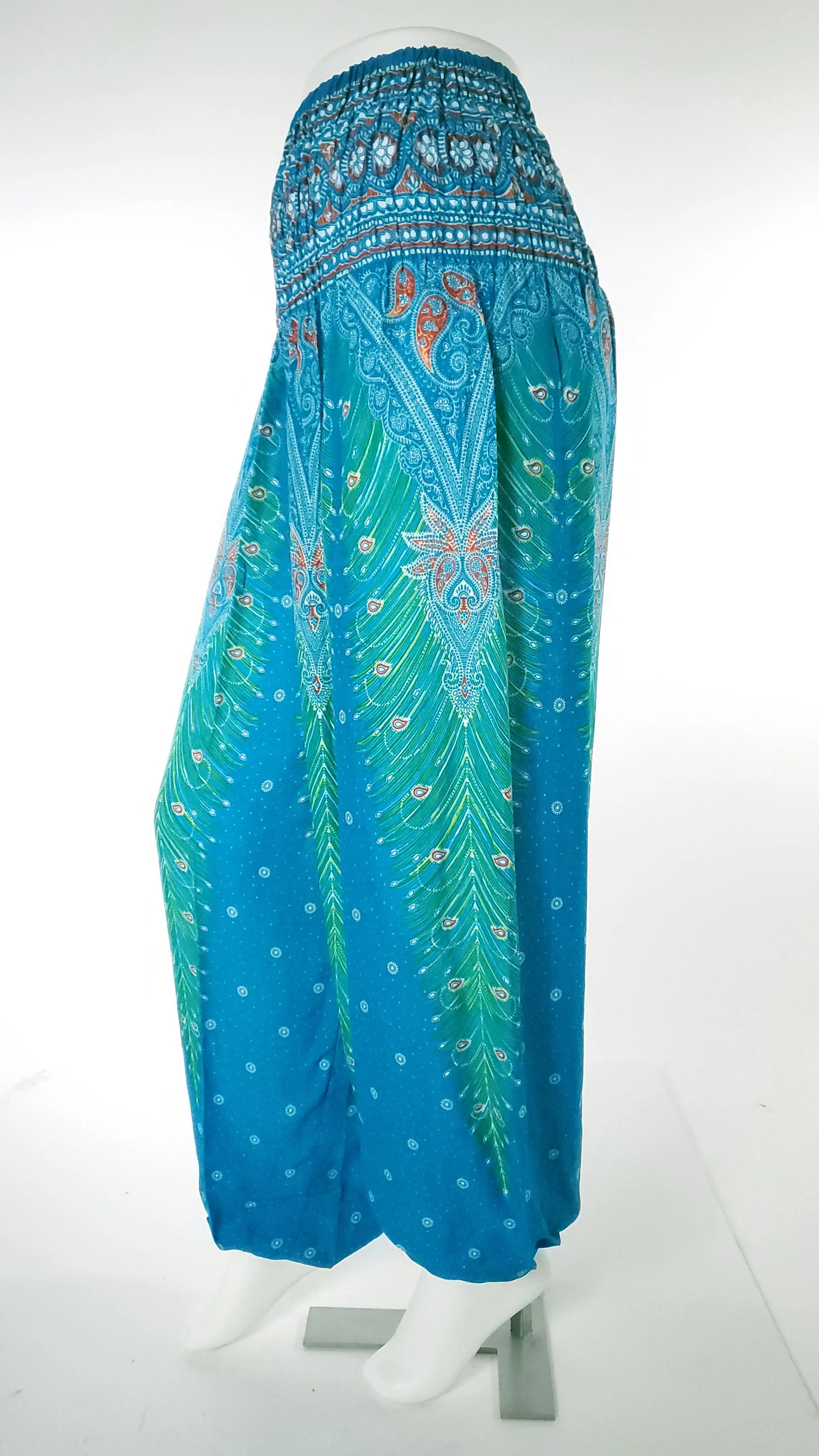 Feather Design  Straight Leg Harem Pants in Blue