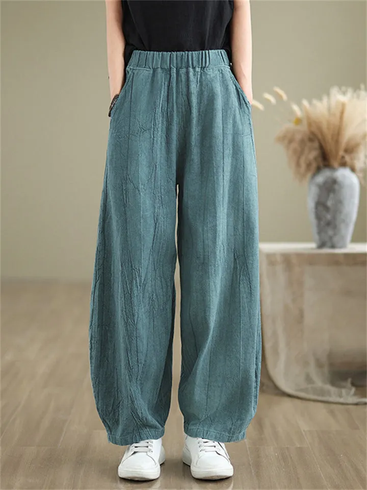 Female Distressed Elastic Waist Pleated Relaxed Pants