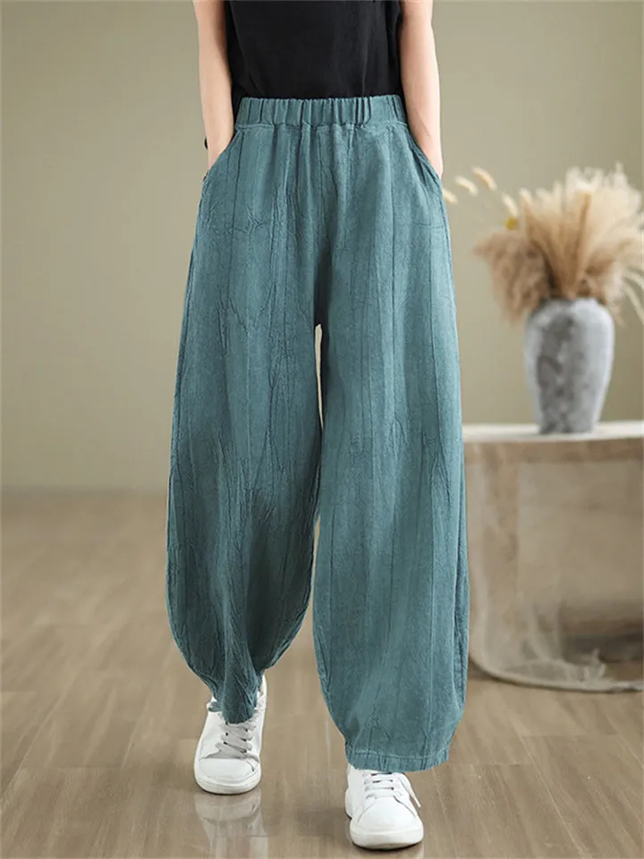 Female Distressed Elastic Waist Pleated Relaxed Pants