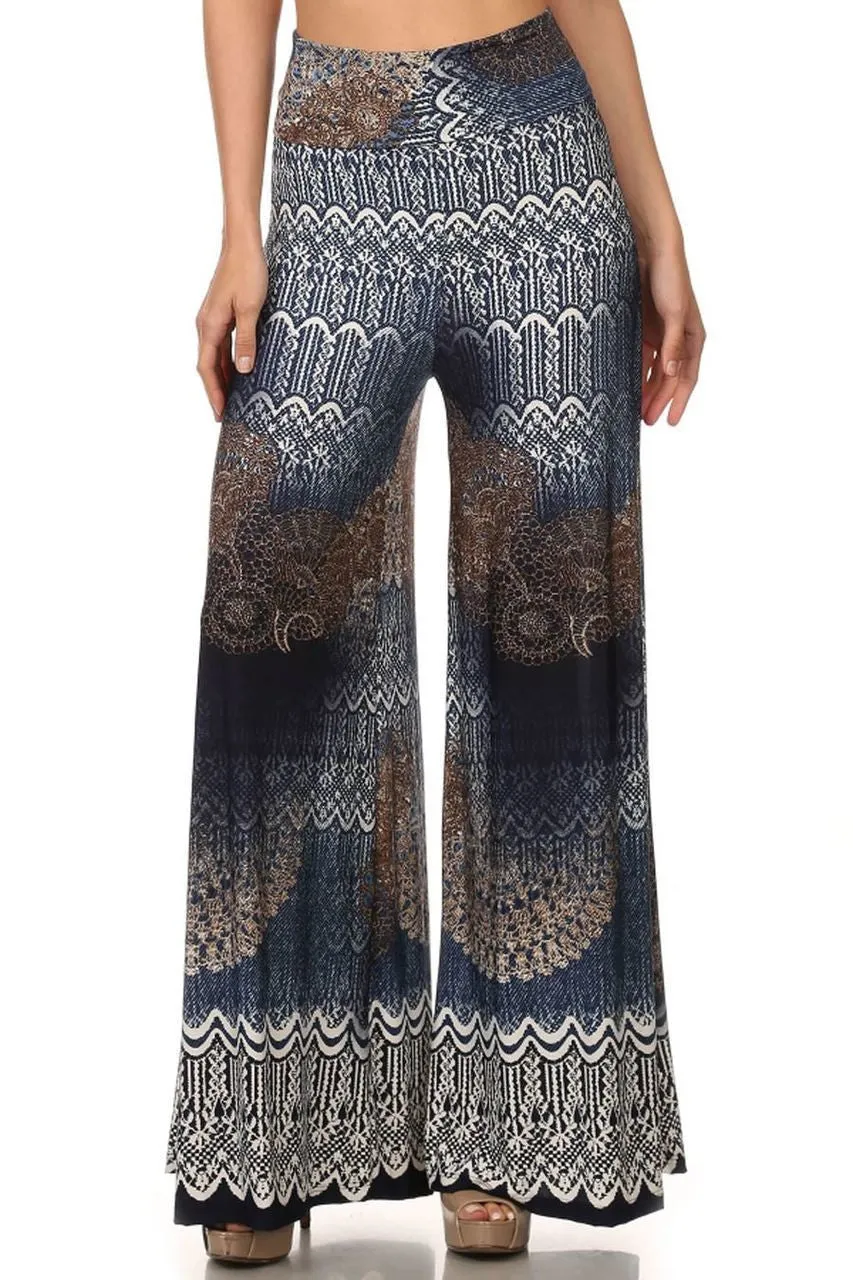 Foldover Palazzo Pants Medallion Denim Navy