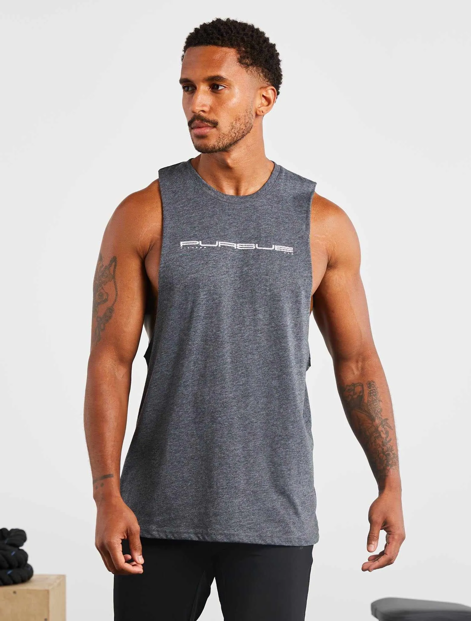 Graphic Drop Arm Tank - Charcoal Marl