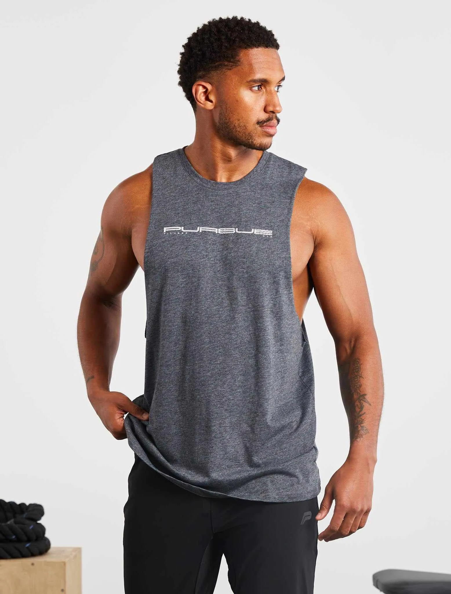 Graphic Drop Arm Tank - Charcoal Marl