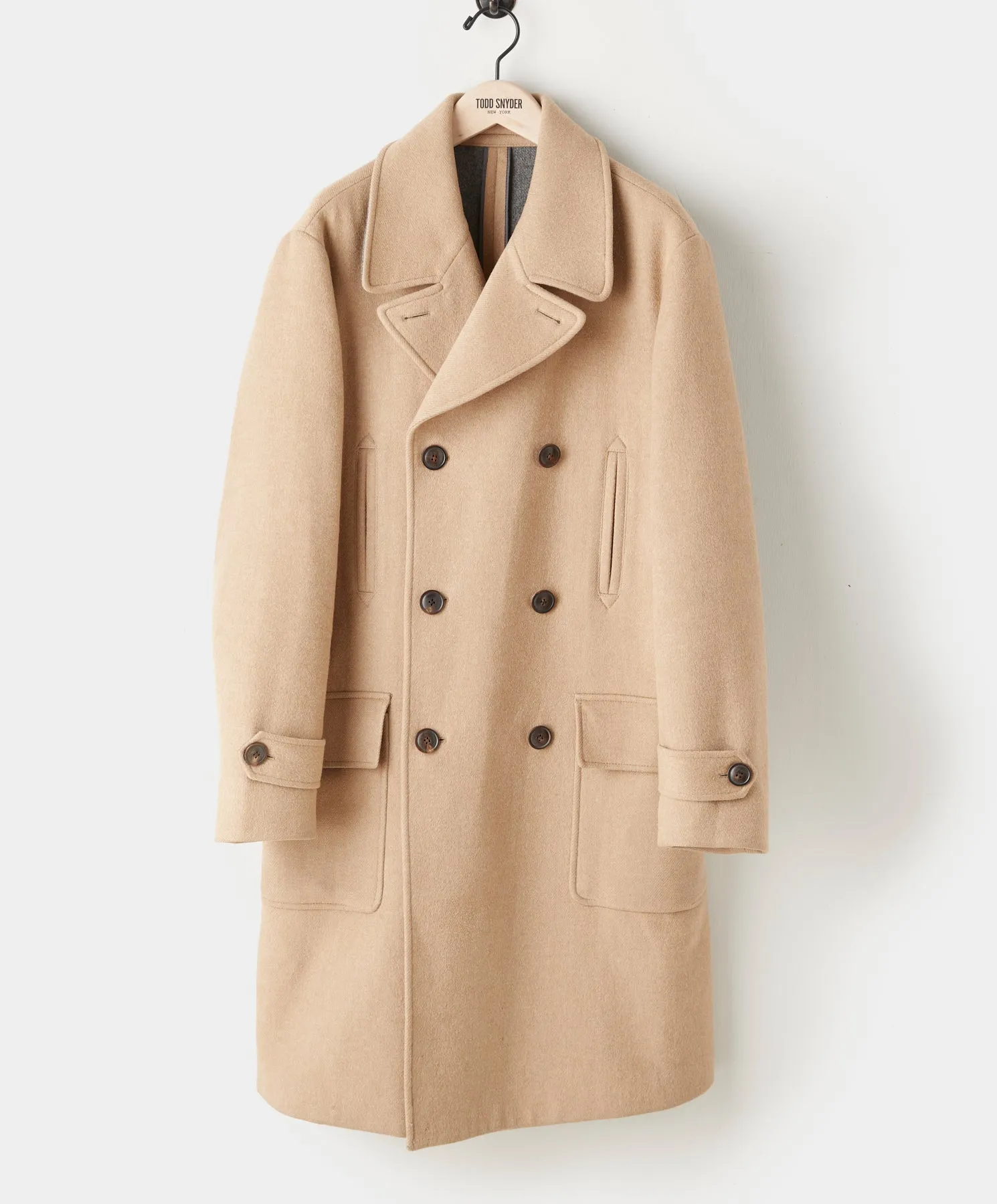 Italian Wool Double Breasted Officer Topcoat in Camel