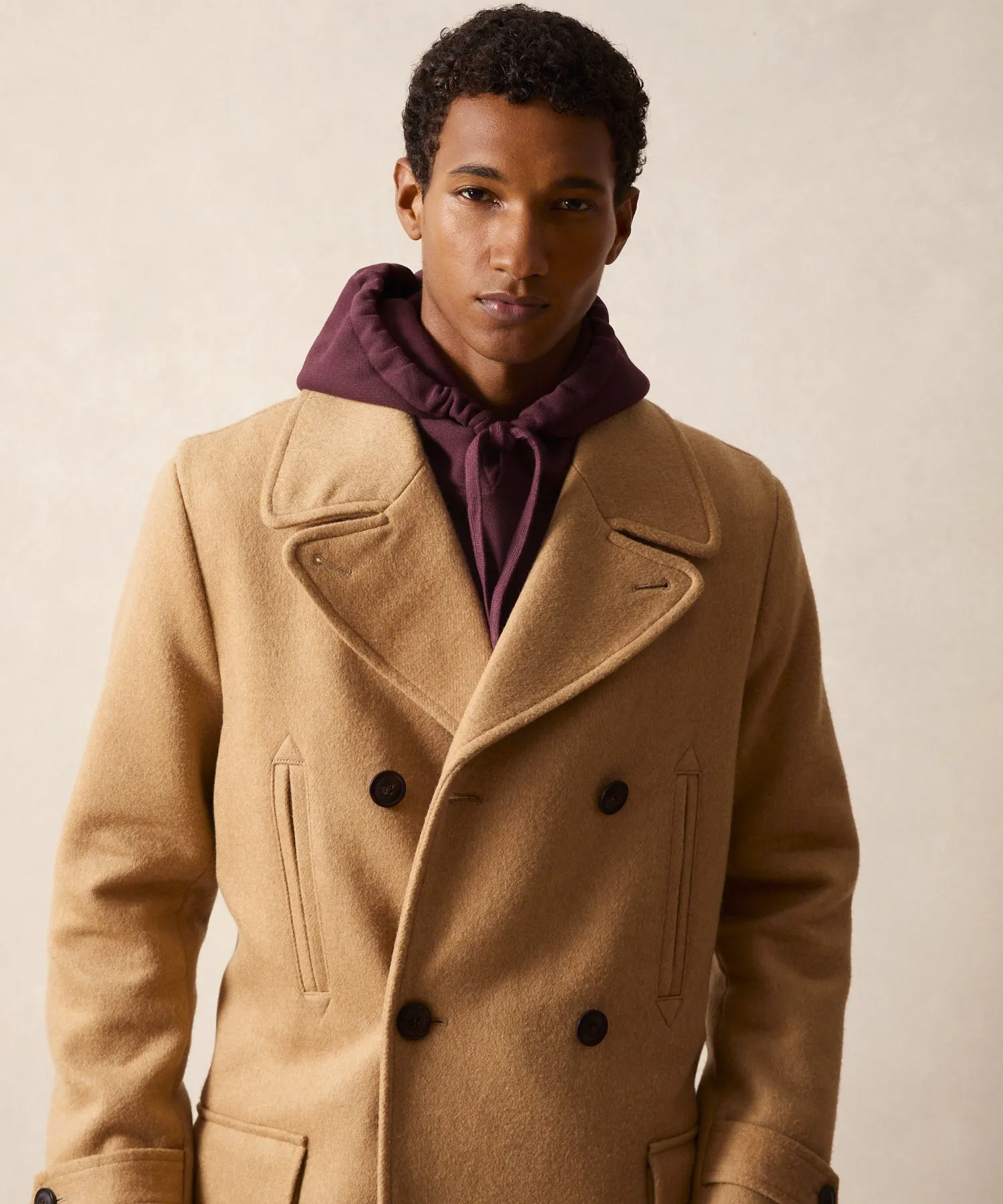 Italian Wool Double Breasted Officer Topcoat in Camel