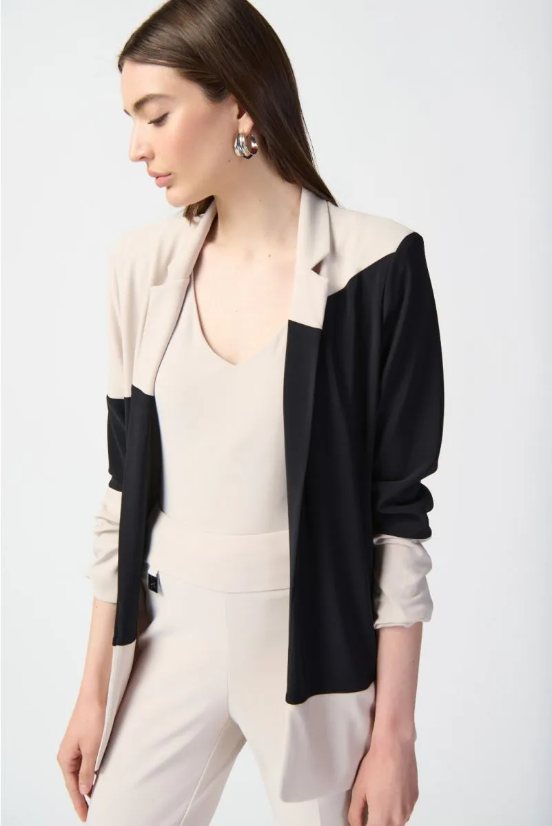 Joseph Ribkoff Moonstone/Black Two-Tone Color Block Open Front Blazer Jacket 241298