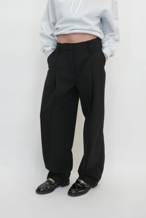 LIGHT TWILL SUITING RELAXED PLEATED PANTS IN BLACK