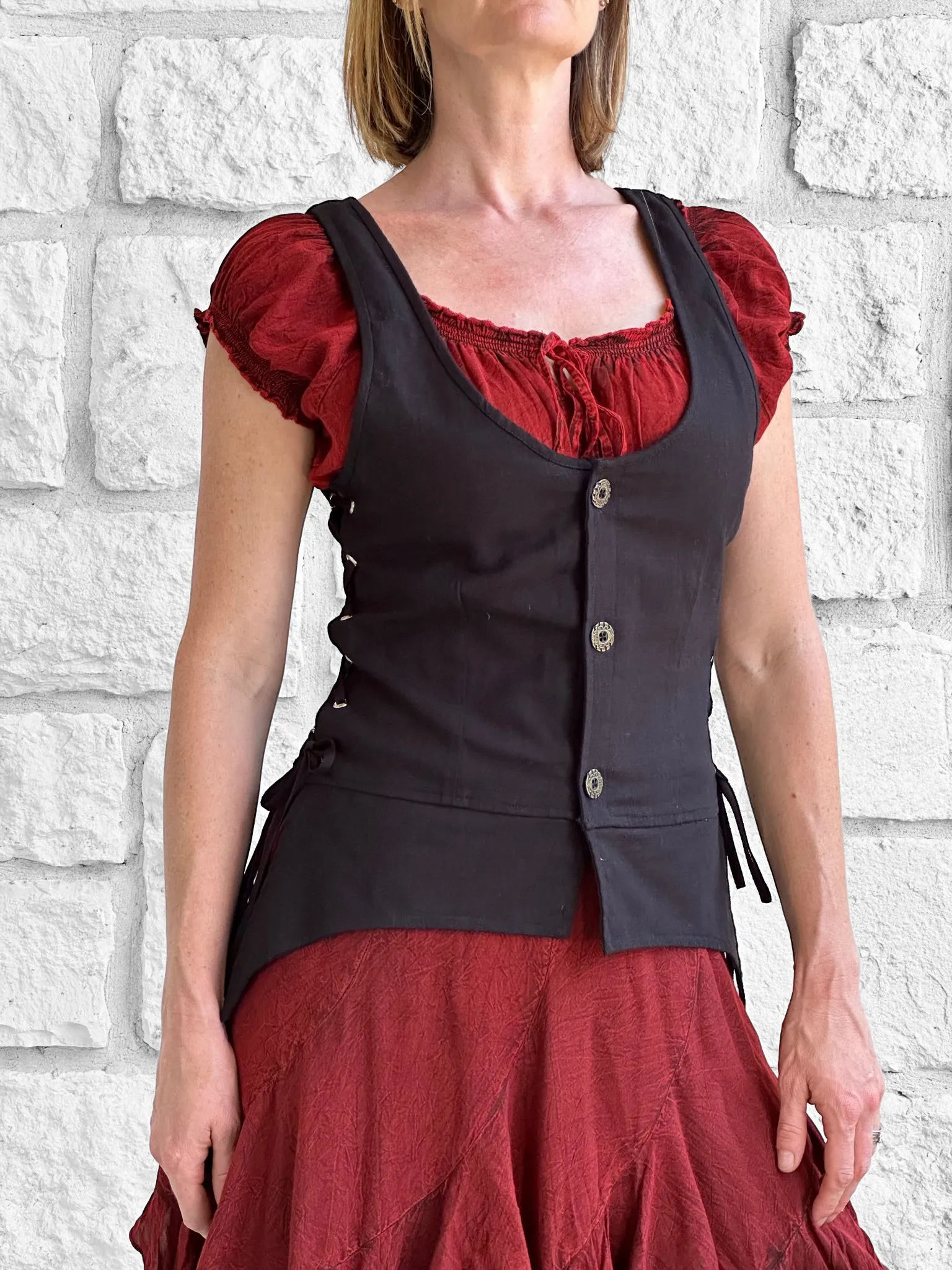 'Long Petal Vest' Viking Bodice - Cotton Black