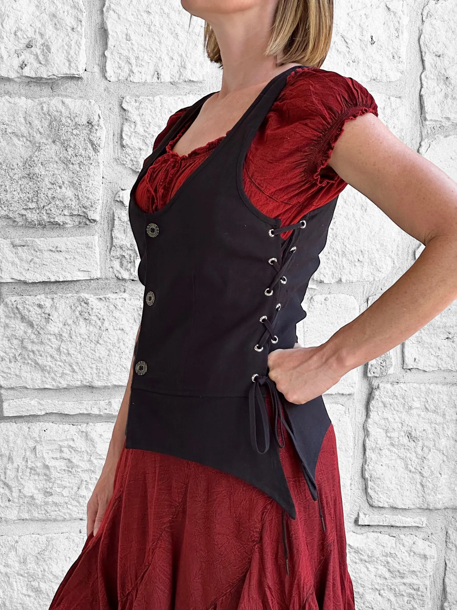 'Long Petal Vest' Viking Bodice - Cotton Black