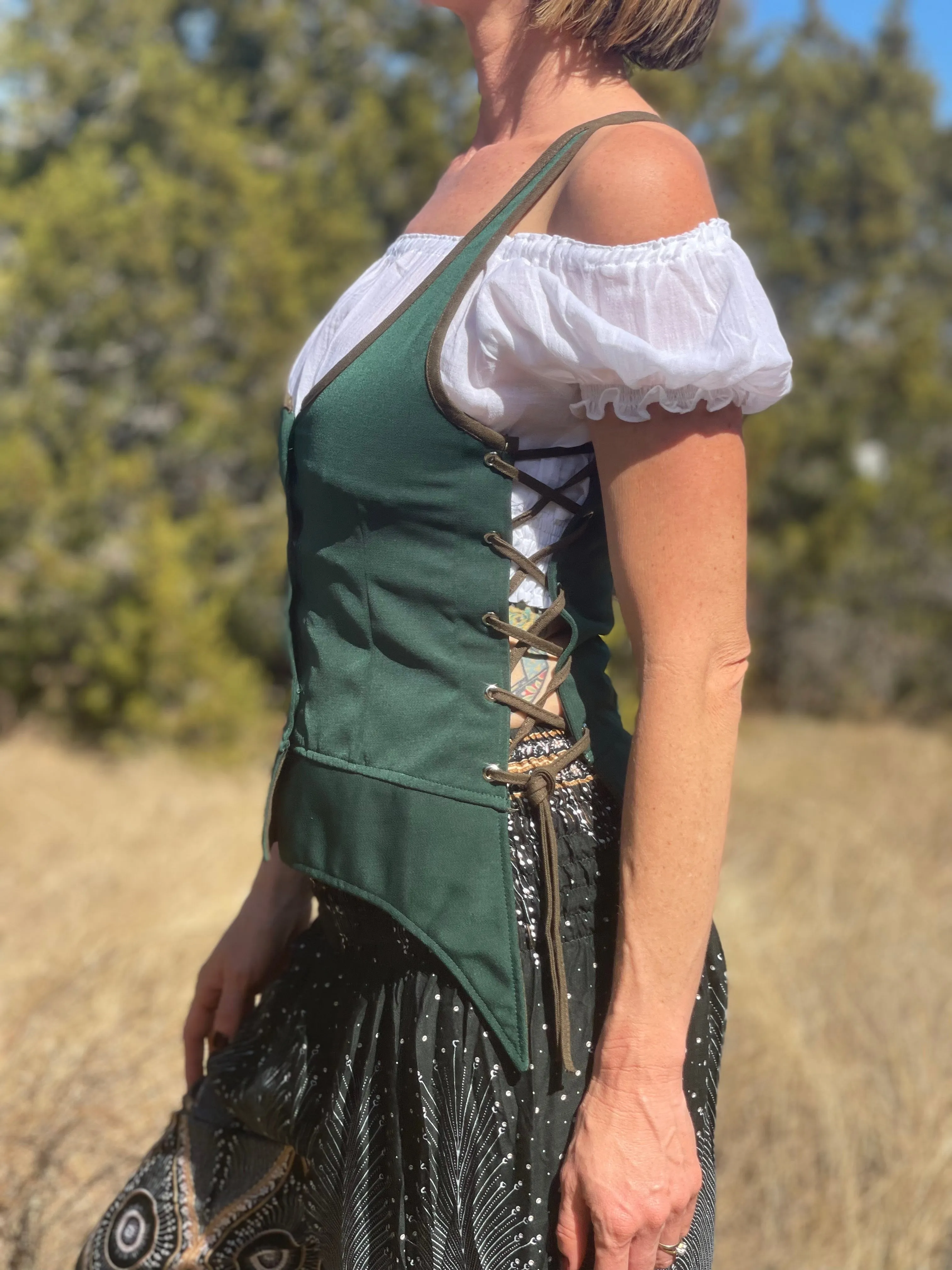 'Long Petal Vest' Viking Bodice - Dark Green