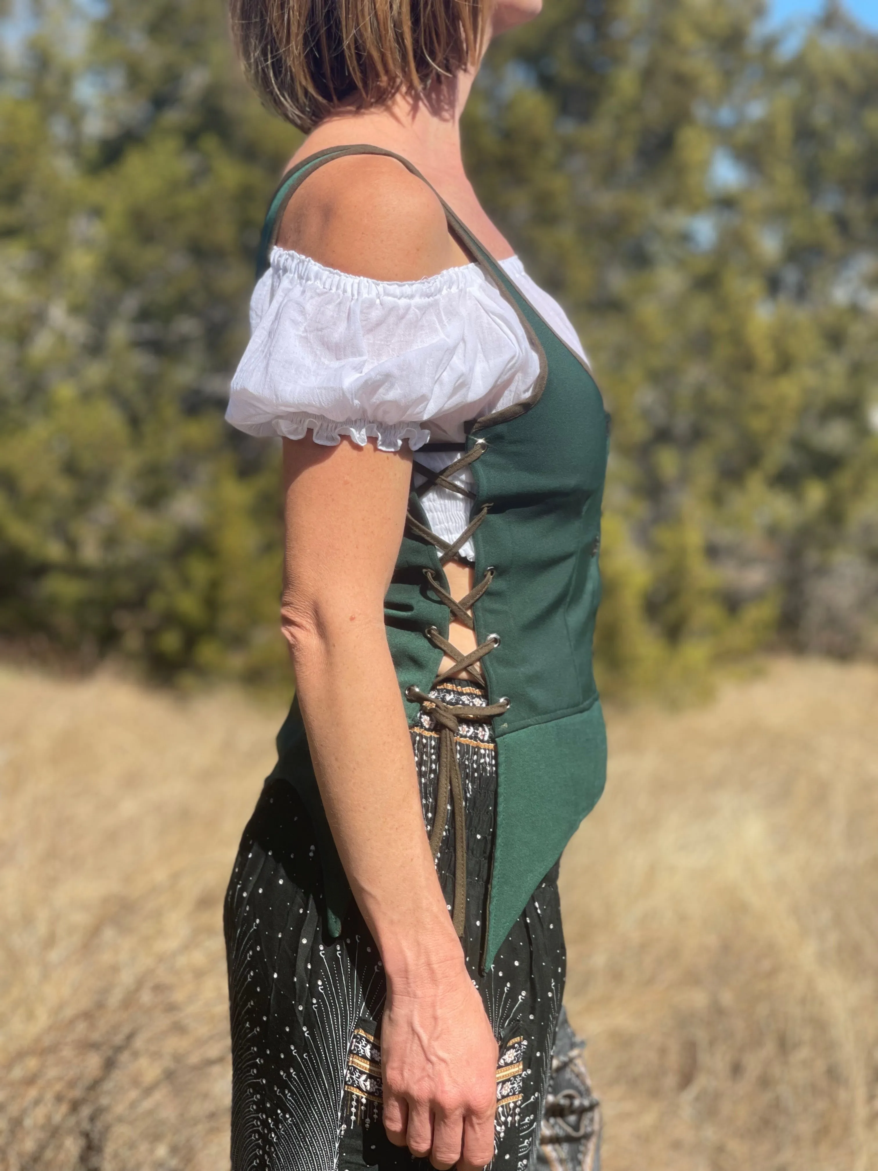 'Long Petal Vest' Viking Bodice - Dark Green