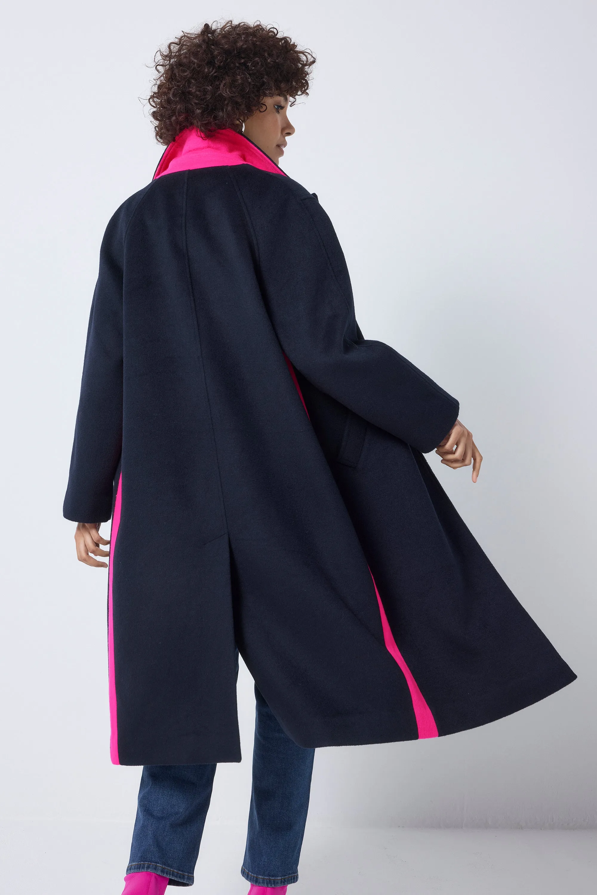 Navy with Neon Pink Wool Blend Coat