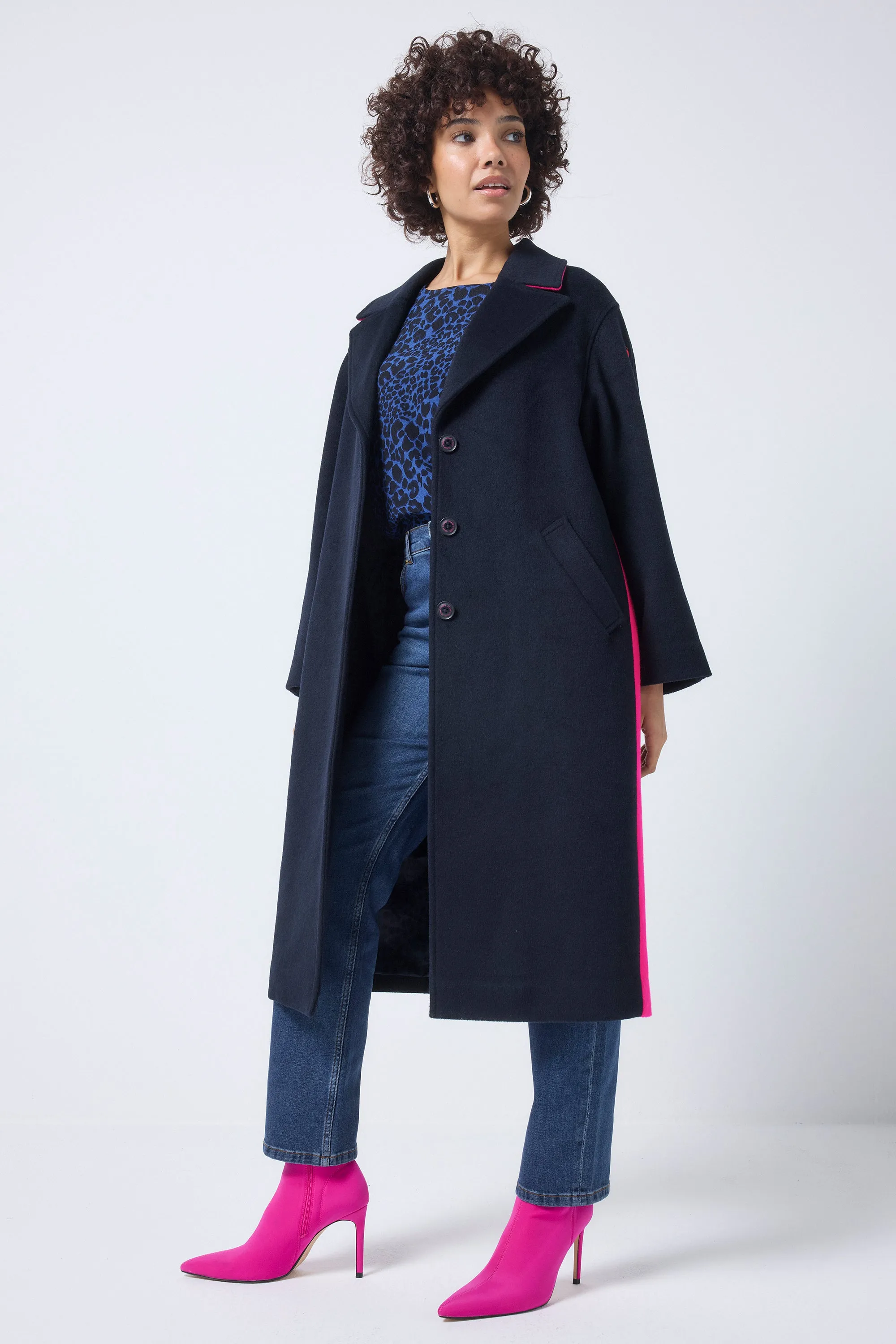 Navy with Neon Pink Wool Blend Coat