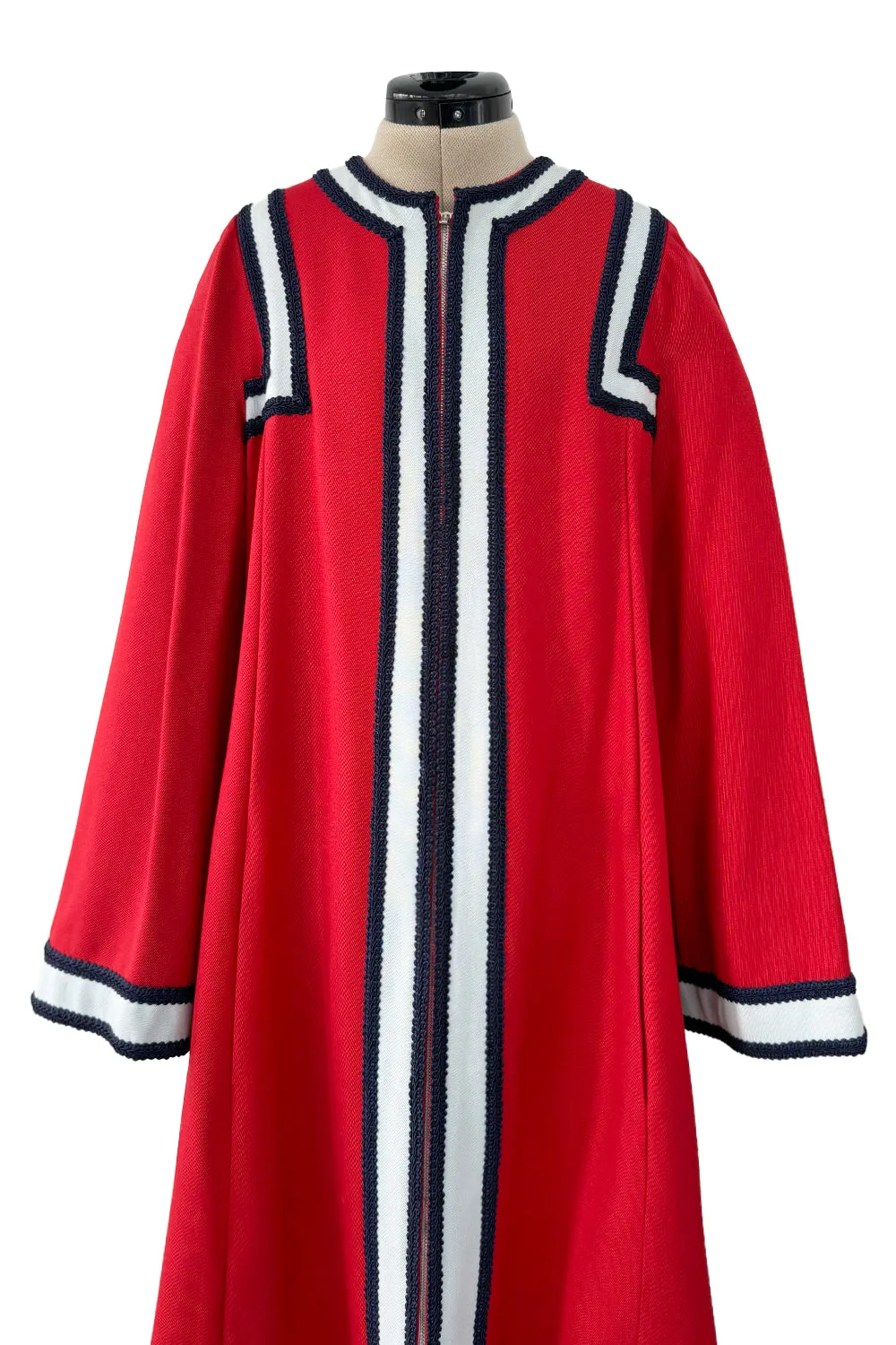 One of Two Identical 1970s Malcolm Starr Red Zipper Front Coats w Applique & Braiding Detail SZ MED