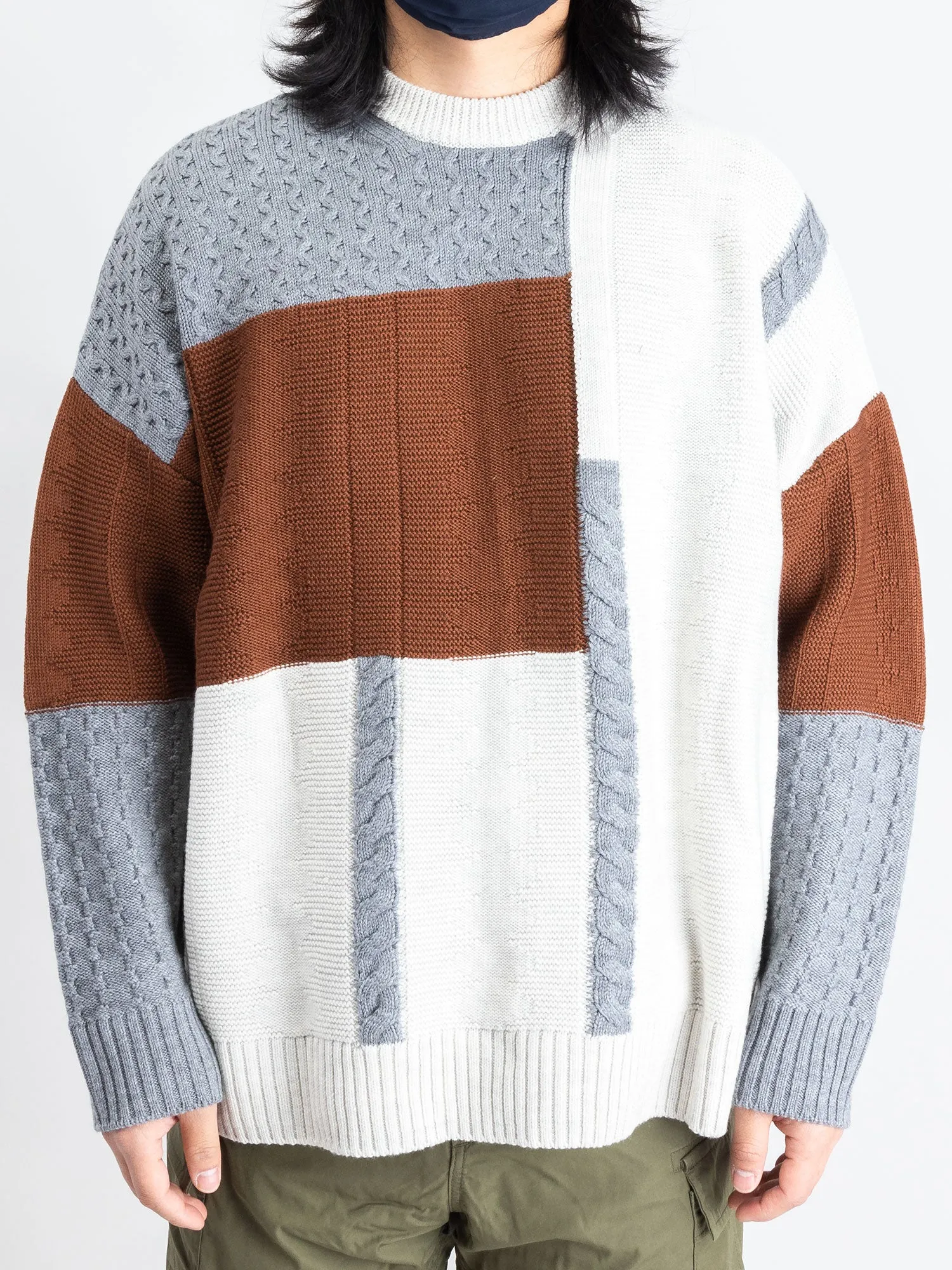 Patchwork Knit Crewneck Sweater in Brown