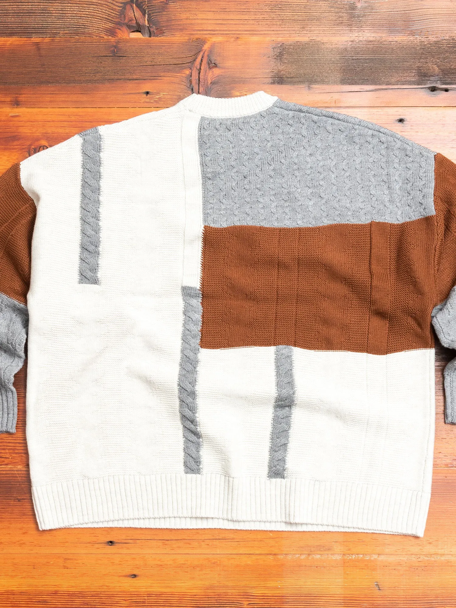 Patchwork Knit Crewneck Sweater in Brown