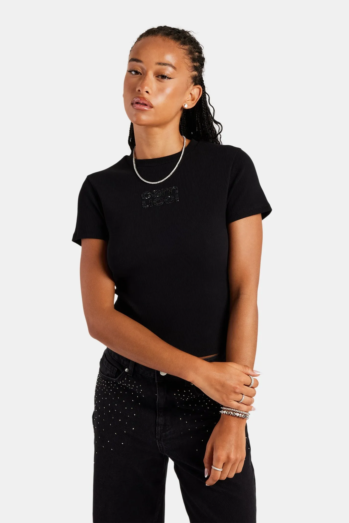 Rib Glitter Applique Baby Tee - Black