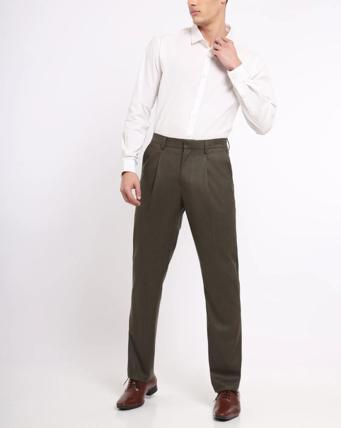 Single Pleat Wool Pants - Olive