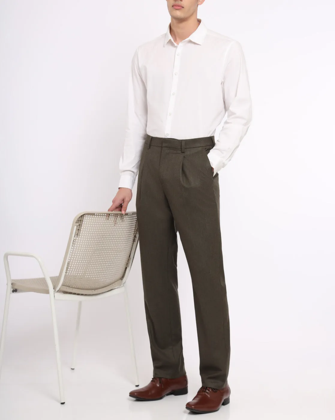 Single Pleat Wool Pants - Olive