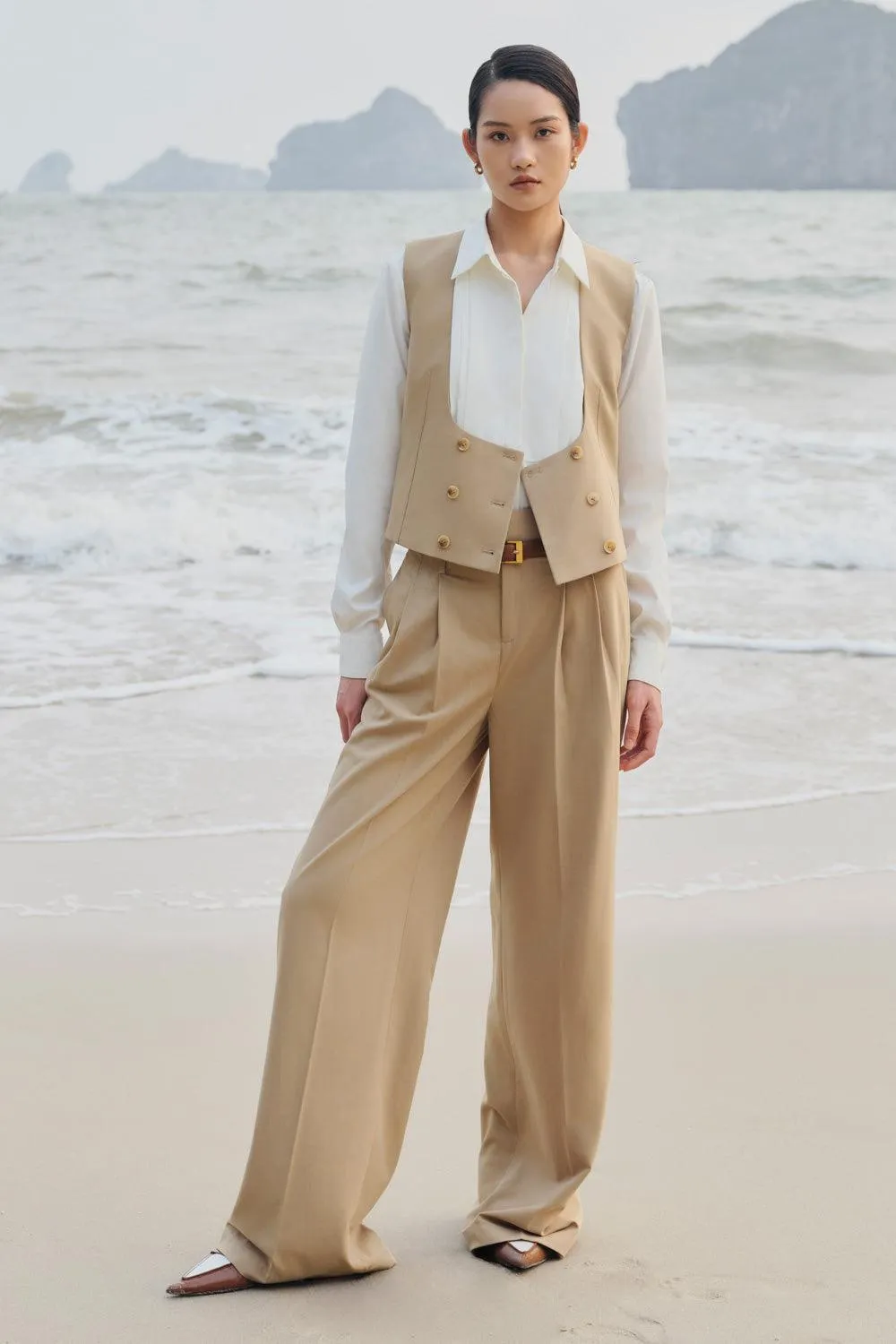 Taylor Straight Wide Leg Twill Crepe Floor Length Pants