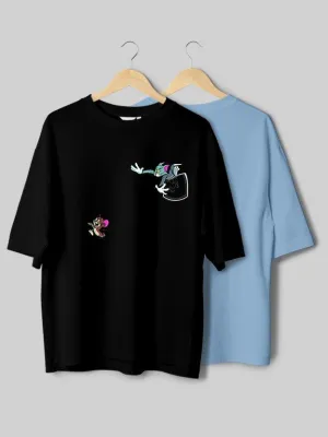 Tom & Jerry And Plain Baby Blue Oversize T-Shirt