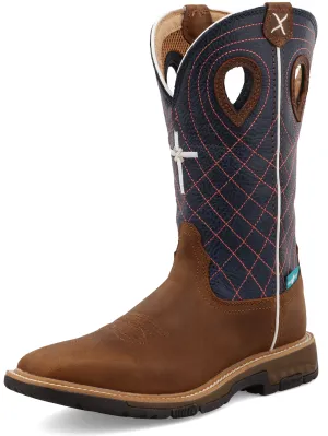 TWISTED X WOMEN'S (WXBW001) 11" WATERPROOF SQUARE TOE PULL-ON WORK BOOT - Brown w/ blue top