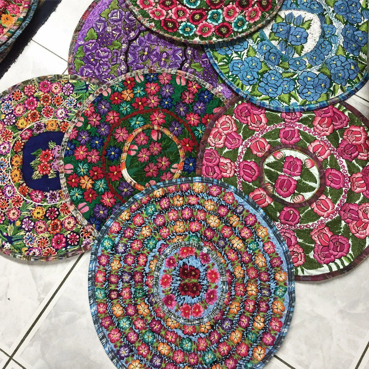 Up-cycled Moon Floral Huipil One-of-a-Kind Round Boho Pillow Cover - Guatemala