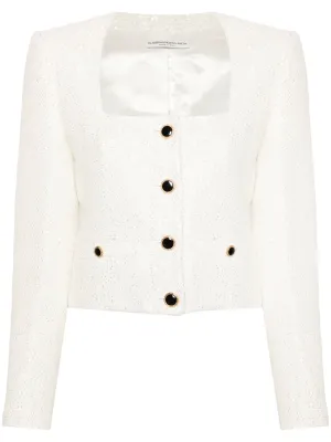 White Sequin Tweed Square Neck Jacket