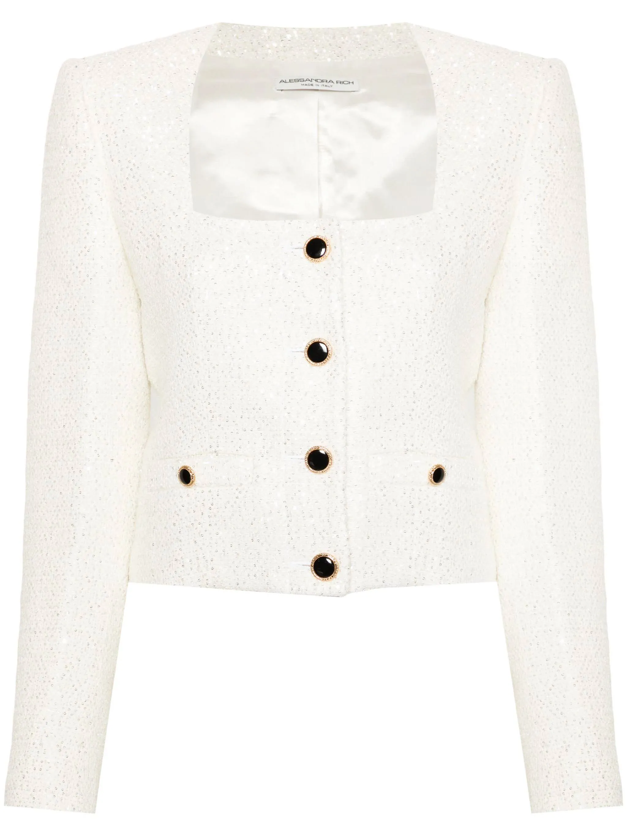 White Sequin Tweed Square Neck Jacket