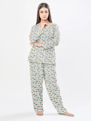 Women's Night Suit Full Sleeve Sleeve (Clouds Printed)