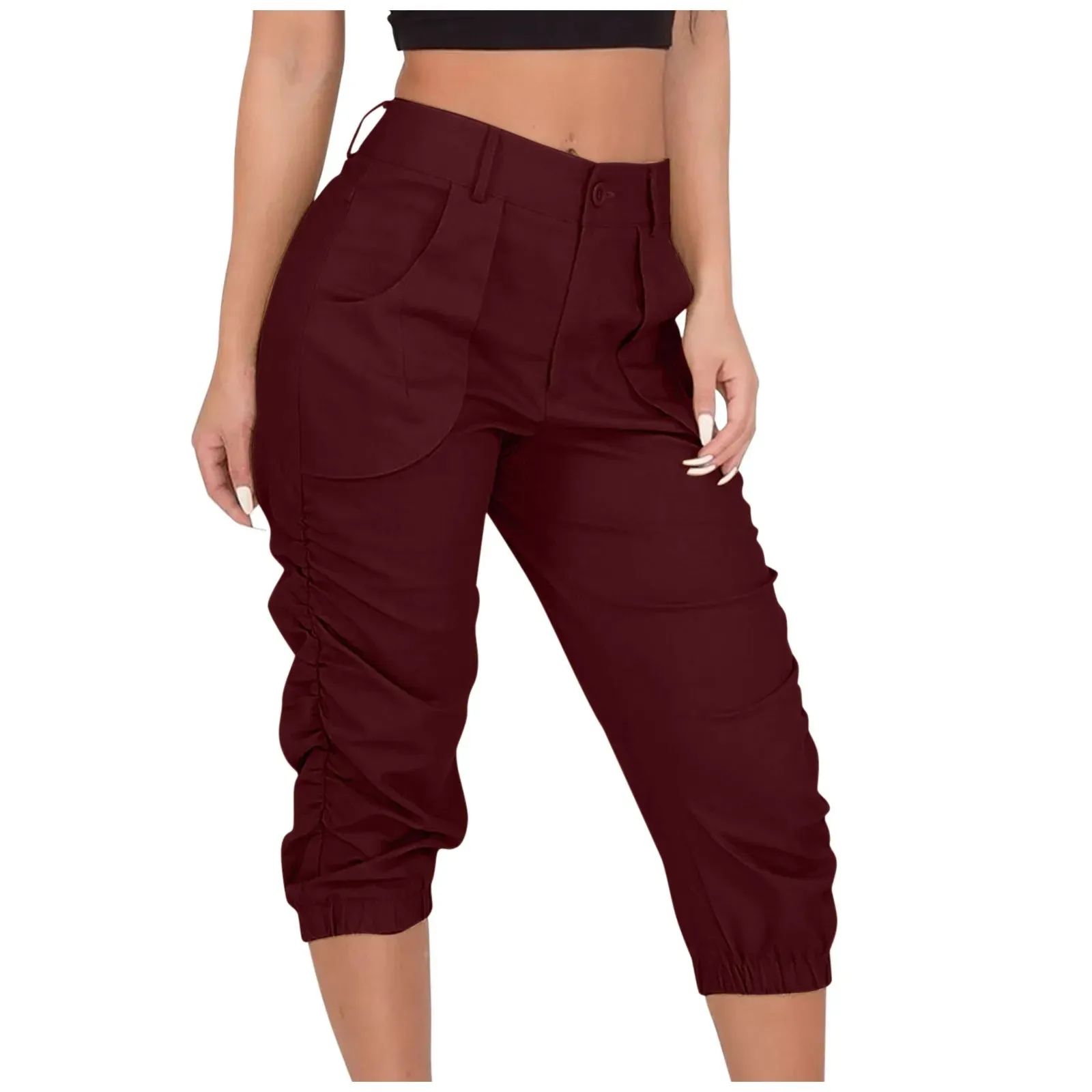 Women's Relaxed Fit Ruched 3/4 Fashion Designer Cargo High Waist Pants