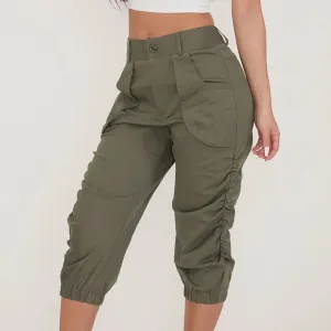 Women's Relaxed Fit Ruched 3/4 Fashion Designer Cargo High Waist Pants