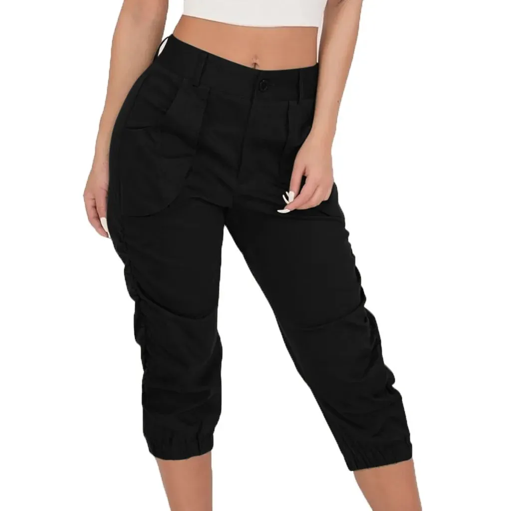 Women's Relaxed Fit Ruched 3/4 Fashion Designer Cargo High Waist Pants